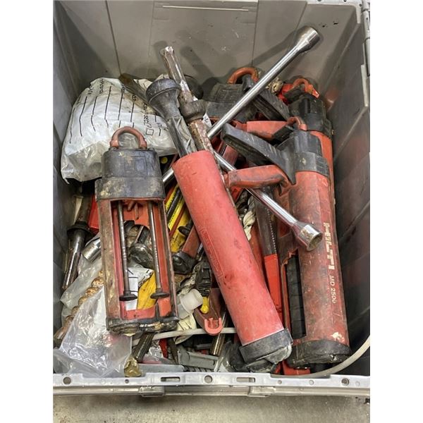 LARGE ASSORTMENT OF HILTI TOOLS AND ACCESSORIES IN TOTE W/ BUILT IN LID