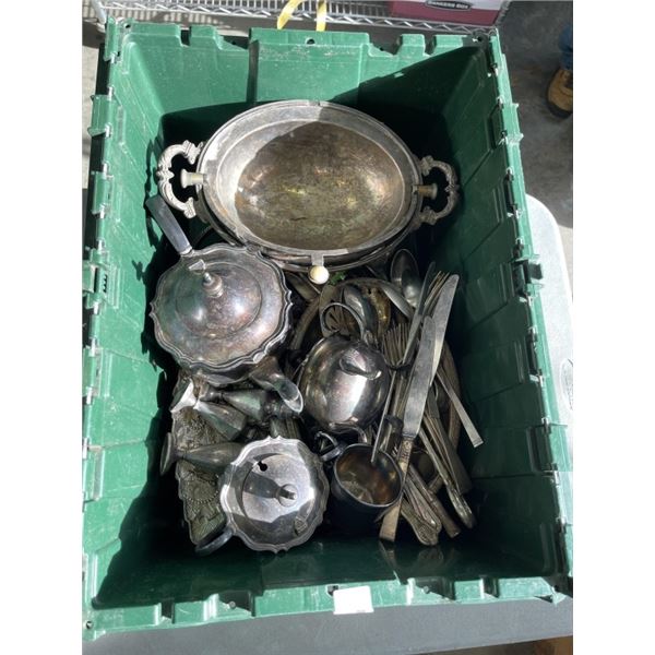 TOTE OF ASSORTED SILVER PLATE SERVING ITEMS