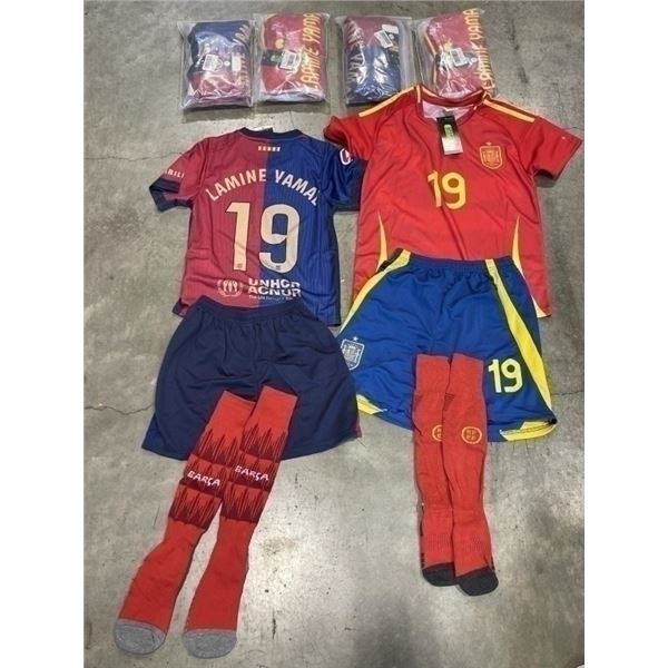 6 NEW 'LAMINE YAMAL'  #19 BARCELONA  SOCCER UNIFORMS, INCLUDES JERSEY, SHORTS AND SOCKS,  2 SIZE 20,