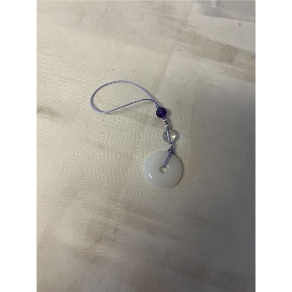 CHINESE WHITE JADE DISC PENDANT W/ AMETHYST BEAD HANGER