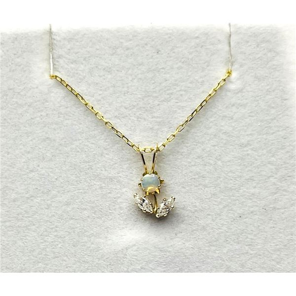 10KT YELLOW GOLD OPAL AND CZ PENDANT  WITH GOLD PLATED STERLING SILVER CHAIN, RETAIL $600.00. OPAL I