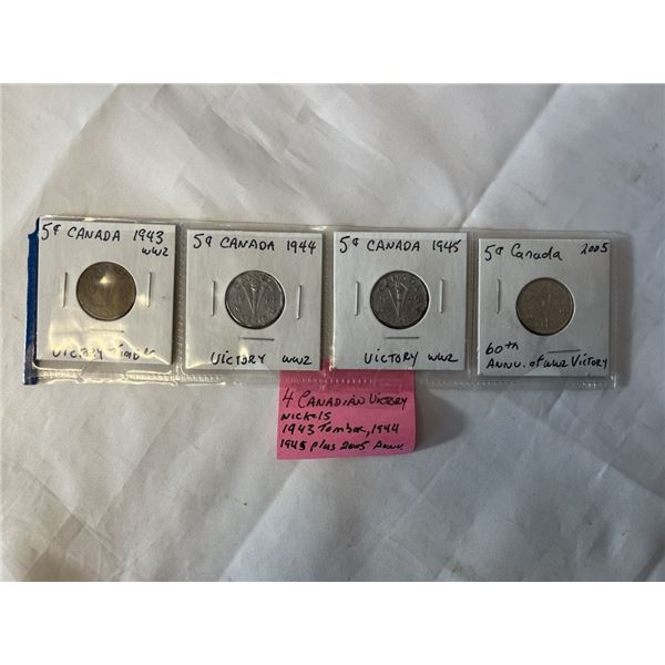 4 CANADIAN VICTORY NICKELS 1943 TOMBAC 1944, 1945 VICTORY PLUS 2005 60TH ANNIVERSARY WW2 VICTORY