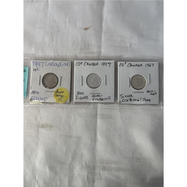 3 CANADIAN SILVER DIMES 1947, 1957, 1967 CENTENNIAL YEAR .800 SILVER