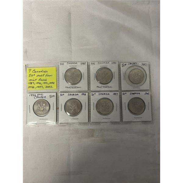 7 CANADIAN 50 CENT COINS MOST FROM MINT ROLLS