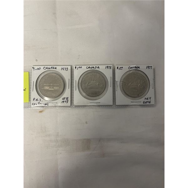 3 CANADIAN DOLLARS 1973 PEI CENTENNIAL, 1975, 1977 KEY DATE RARE