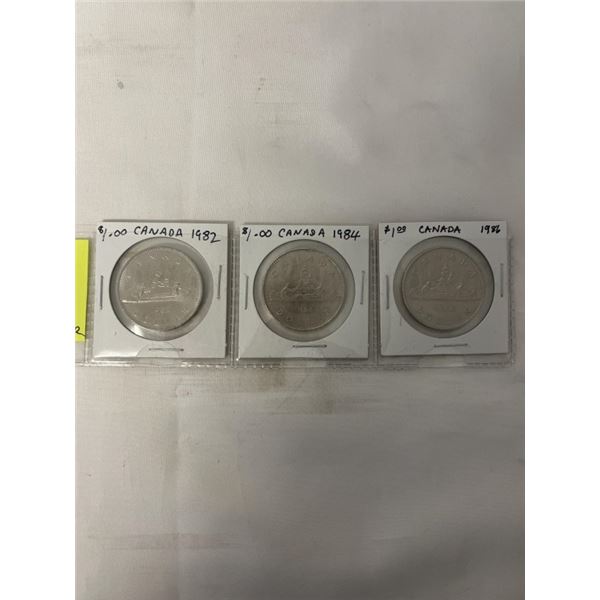 3 CANADIAN DOLLARS 1982, 1984, 1986 LAST ISSUE OF CIRCULATING DOLLARS
