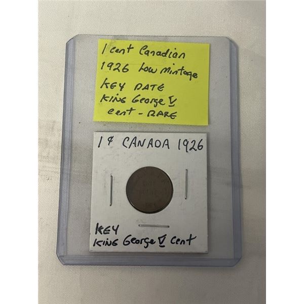 1926 CANADIAN 1 CENT LOW MINTAGE, KEY DATE, KING GEORGE V - RARE