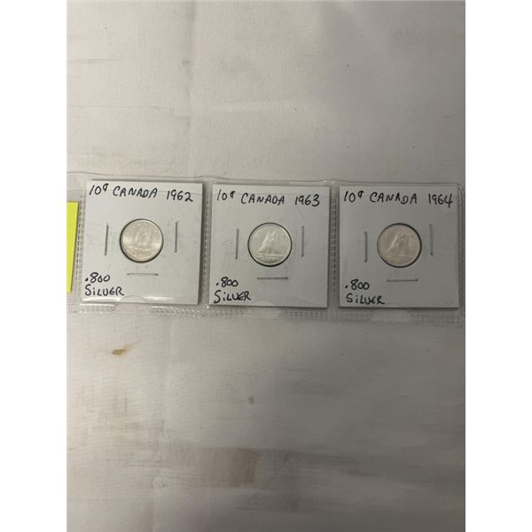 3 CANADIAN SILVER 1960'S DIMES, 1962, 1963, 1964 MINT CONDITION .800 SILVER