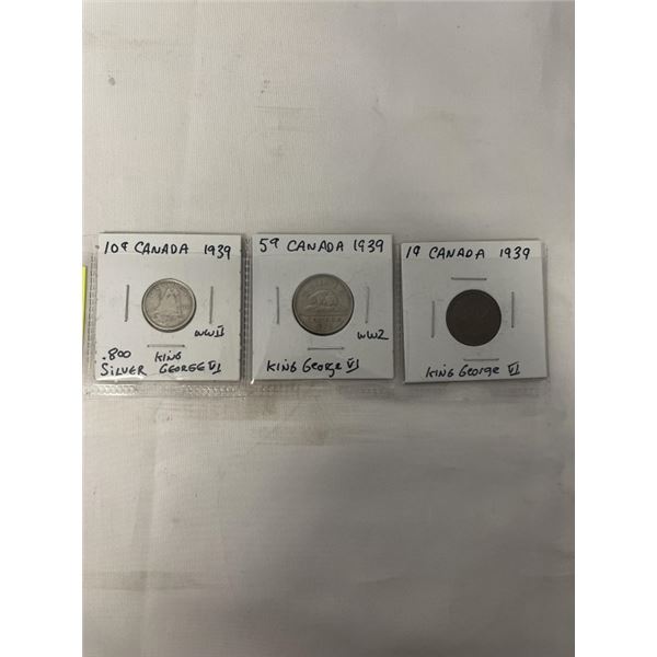 3 CANADIAN 1939 CANADIAN COINS WW2 10 CENT .800 SILVER, 5 CENT AND 1 CENT KING GEORGE VI