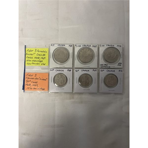 FIRST 3 CANADIAN 'NICKEL' DOLLAR COINS 1970 MANITOBA CENTENNIAL 1968, 1969 PLUS CANADIAN 50 CENT COI