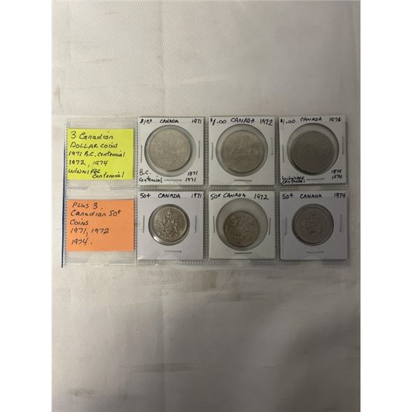 3 CANADIAN DOLLAR COINS 1971 BC CENTENNIAL, 1972, 1974 WINNEPEG CENTENNIAL PLUS 3 50 CENT COINS