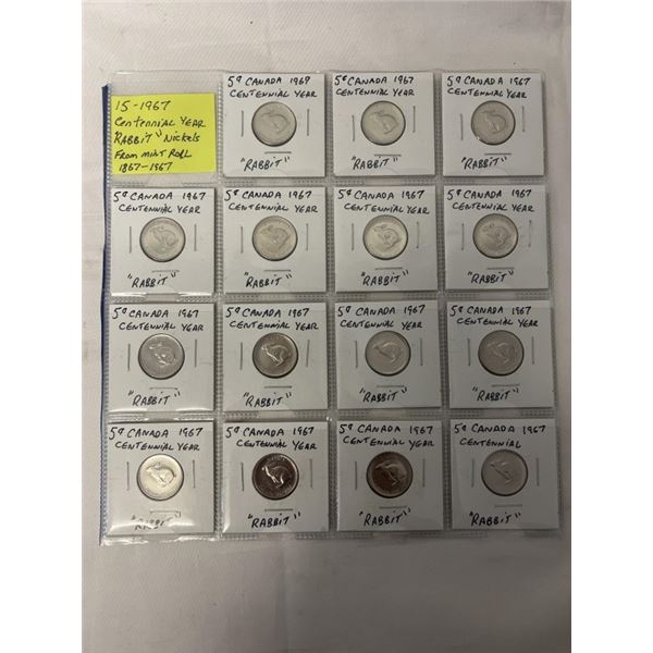 15 1967 CENTENNIAL YEAR RABBIT NICKELS FROM MINT ROLL