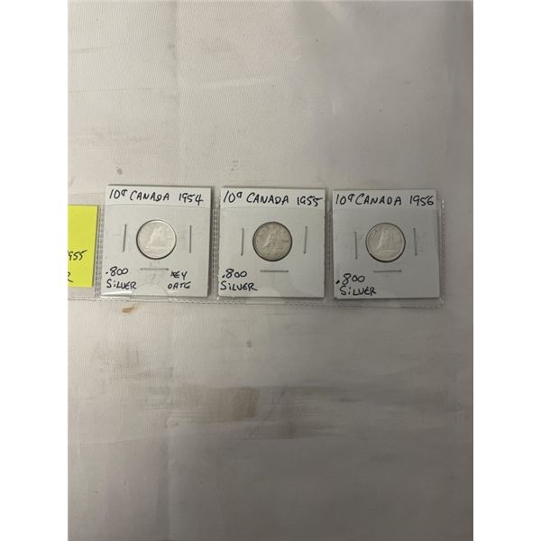 3 CANDAIAN SILVER 1950'S DIMES, 1954 KEY DATE, 1955, 1956 .800 SILVER