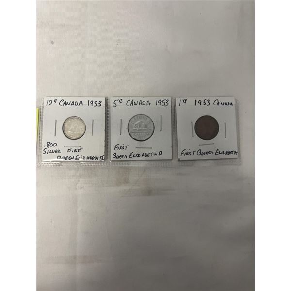 3 1953 CANADIAN COINS 10 CENT .800 SILVER, 5 CENT AND 1 CENT FIRST QUEEN ELIZABETH II COINS