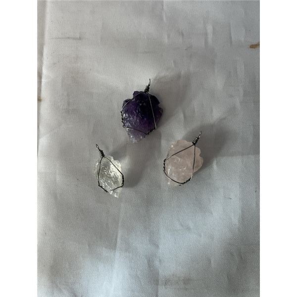 3 ARROW HEAD WIRE WRAPPED PENDANTS, ROSE QUARTZ, QUARTZ AND AMETHYST $60 VALUE