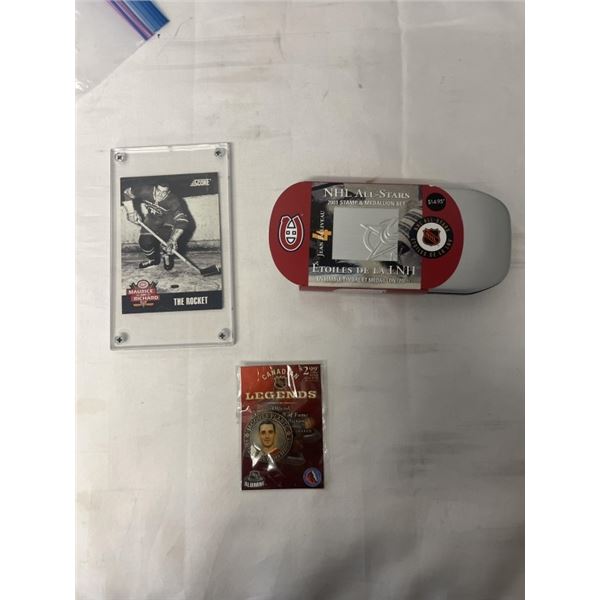 3 MONTREAL CANADIAN HOCKEY GREATS - ROCKET RICHARD CARD, JACQUES PLANTE COIN, JEAN BELIVEAU COIN AND