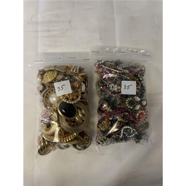 1 BAG OF SINGLE EARRINGS AND 1 BAG OF RHINESTONE BROKEN JEWELRY AND PARTS