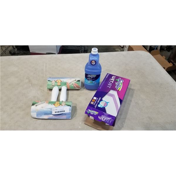 SWIFFER WET JET CLEANING SPRAY, MOPPING PADS AND TWO PET HAIR REMOVERS