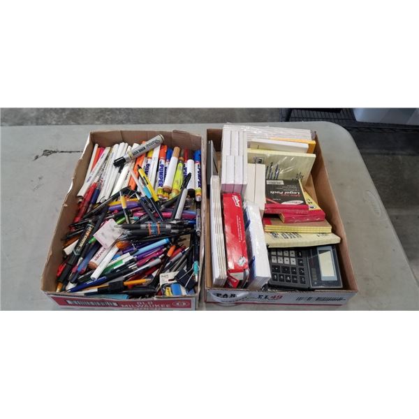 2 TRAYS OF OFFICE SUPPLY, PAPER PADS, PENS AND CONSTRUCTION PENCILS ETC