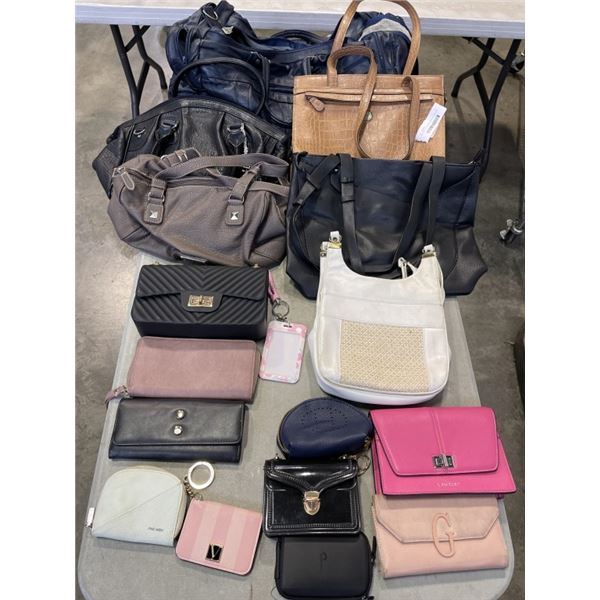 VINTAGE BLUE LEATHER DUFFELL BAG AND ASSORTED LEATHER PURSES AND WALLETS