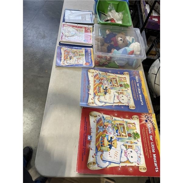 BOX OF PICTURE HANGING SUPPLIES, MUSIC BOOKS, VELCRO AND MORE