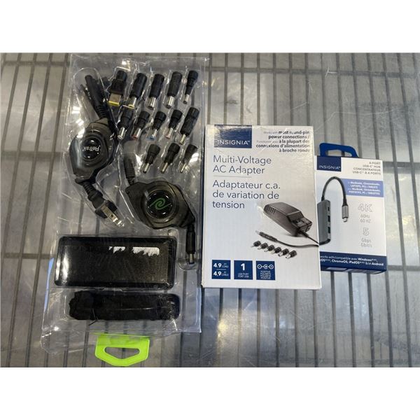 RETRACTABLE UNIVERSAL LAPTOP CHARGER, INSIGNIA 4 PORT USB C HUB, WIRED KEYPAD AND MULTI VOLTAGE AC A