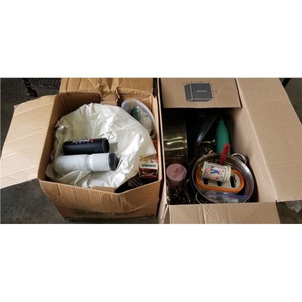 2 LARGE BOXES OF HOUSEHOLD AND KITCHEN POTS AND PANS