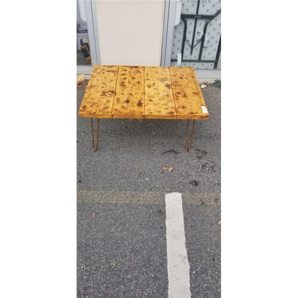 RUSTIC BURNED WOOD COFFEE TABLE WITH HAIR PIN LEGS