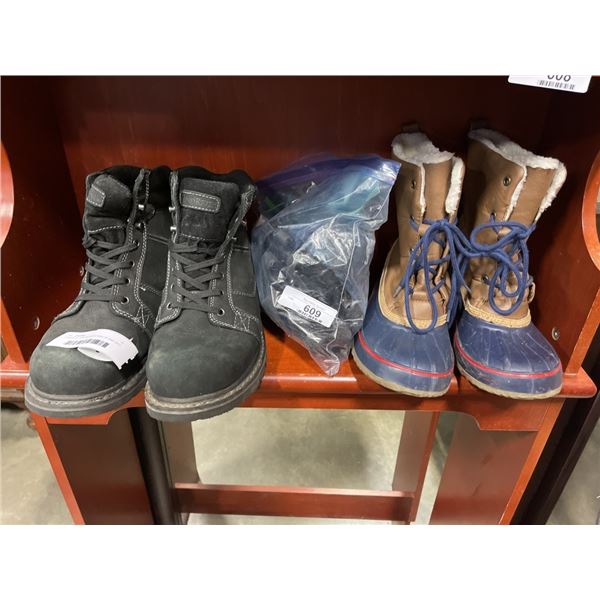 2 PAIRS OF BOOTS SIZE 9 AND 10 AND BAG OF BOOT SPIKES