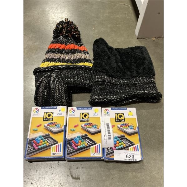 NEW KNITTED TOQUE AND NECK WARMER SET AND 3 NEW IQ PUZZLES