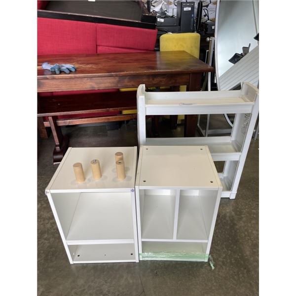 PAIR OF SIDE TABLES AND PLASTIC SHELF STORAGE