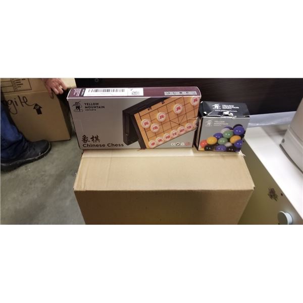 NEW YELLOW MOUNTAIN D12 DOMINOS SET WITH WOODEN BOX, YELLOW MOUNTAIN CHINESE CHESS SET AND 60 MARBLE