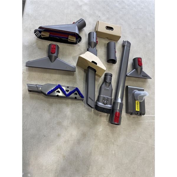 ASSORTED DYSON ATTACHMENTS AND BATTERY