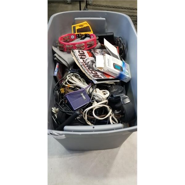 TOTE FULL OF ASSORTED MUSIC EQUIPTMENT, CDS, ETC