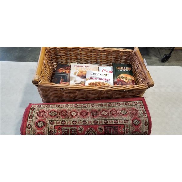 LARGE WICKER BASKET W/ COOK BOOKS AND 2 CARPET RUNNERS
