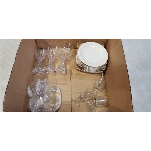 CRYSTAL PARROT MUG, VINTAGE CRYSTAL GOBLETS AND NEW WHITE PORCELAIN PLATES, SMALL CRYSTALL GOBLETS E