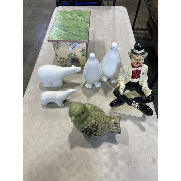 ASSORTED DECORATIVE AND ECOR ITEMS, AND WOODEN STOOL