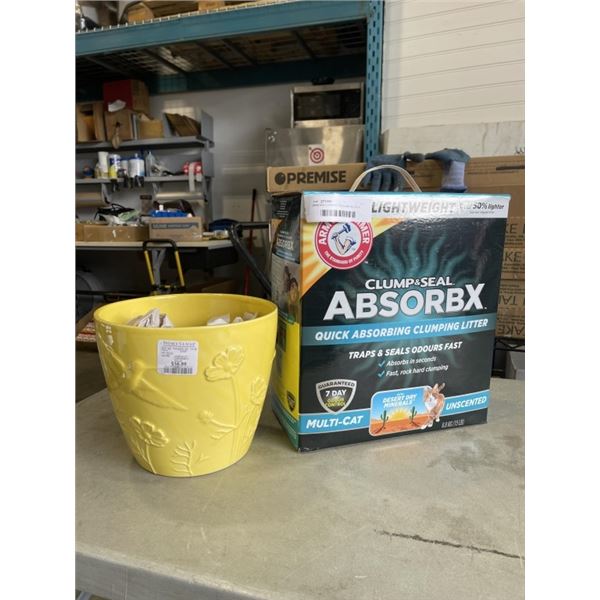 ARM AND HAMMER 15LB CLUMP AND SEAL LITTER, AND YELLOW PLANT POT