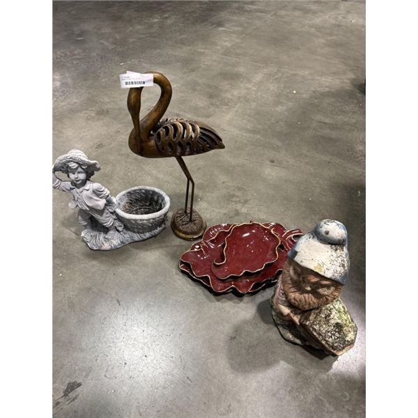 GARDEN KNOME, PELICAN AND DECORATIVE CENTRE DISH'S