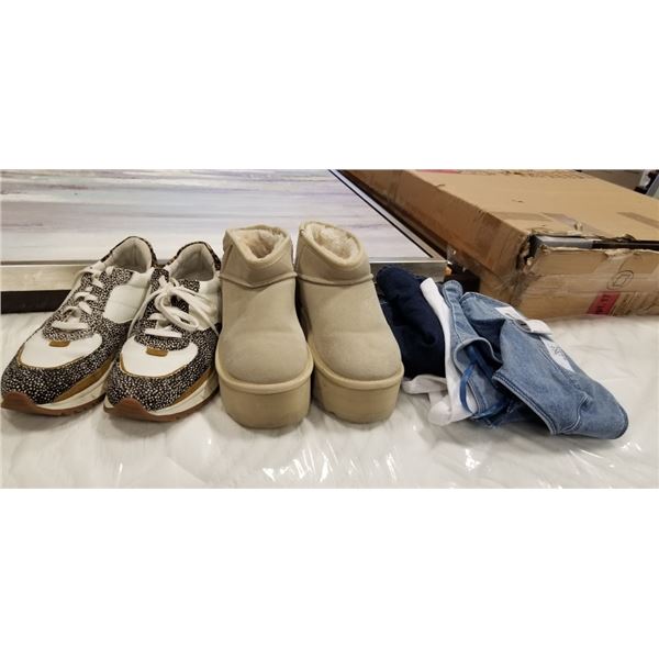 2 NEW PAIRS LADIES SHOES 8.5 AND 6, AND NEW LADIES JEAN SKIRT, CROP TOP, AND HALTER TOP - URBAN OUTF