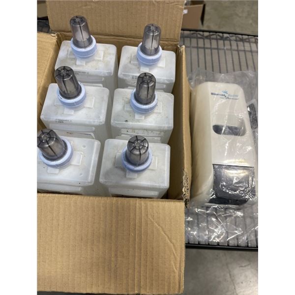 6 BOTTLES OF HAND SANITIZER AND DISPENSER