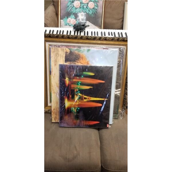 5 NEW CANVAS PICTURES, ONE IS GOLD FRAMED