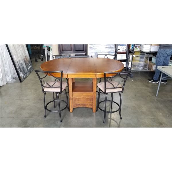MISSION OAK PUB HEIGHT TABLE WITH 4 SWIVEL BARSTOOLS