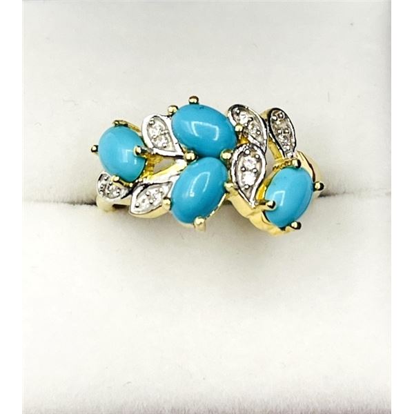 GOLD PLATED STERLING SILVER NATURAL TURQUOISE (1.70CT) WITH NATURAL WHITE TOPAZ (0.08CT) RING, SIZE 