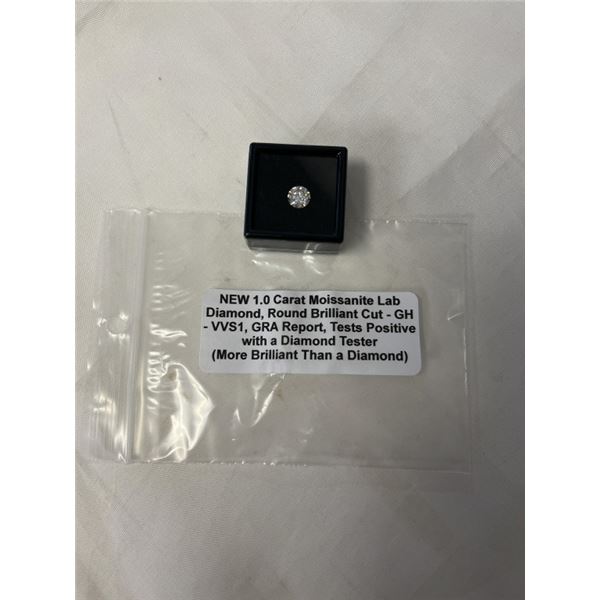 NEW 1.0 CARAT MOISSANITE LAB DIAMOND, ROUND BRILLIANT CUT, - GH - VVS1, GRA REPORT, TESTS POSITIVE W