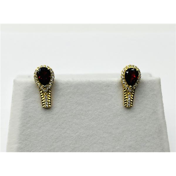 GOLD PLATED STERLING SILVER NATURAL GARNET (2CT) WITH CZ (0.25CT) EARRINGS, W/A $480.00. GARNET IS T