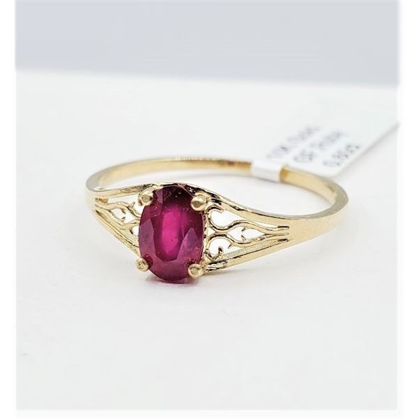 10KT YELLOW GOLD NATURAL ENAHNCED RUBY (0.60CT) RING, SIZE 6.25, W/A $1145. RUBY IS THE BIRTHTONE FO