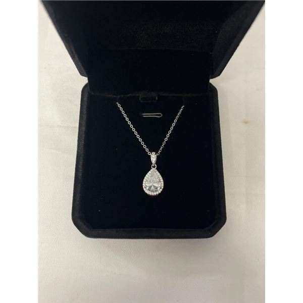 NEW STERLING SILVER 2.0CT PEAR CUT SIMULATED DIAMOND (CZ) HALO NECKLACE, ADJUSTABLE 16" TO 18" MOUNT