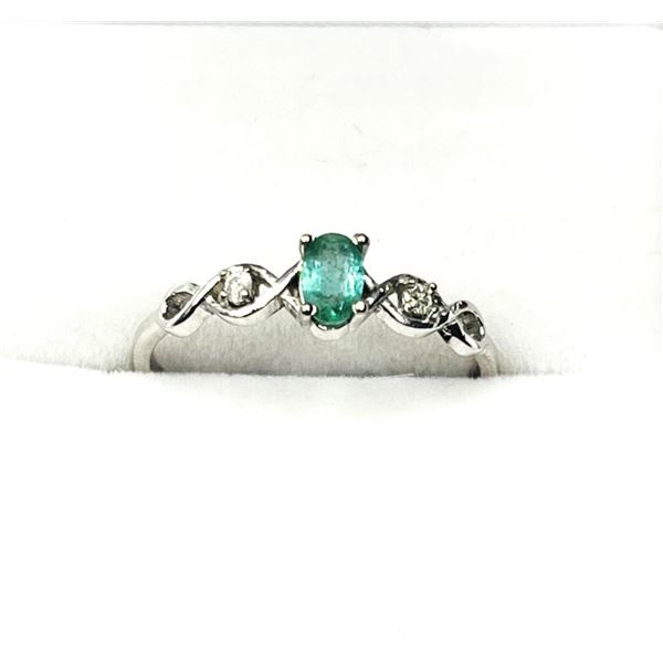10KT WHITE GOLD NATURAL EMERALD (0.03CT) RING, SIZE 6.25, W/A $1170.00. EMERALD IS THE BIRTHSTONE FO