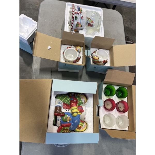LOT OF NEW CHRISTMAS CANDLE HOLDERS AND SNOW GLOBE